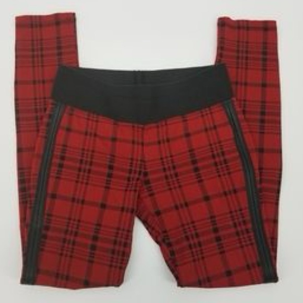 Copper Key Red Plaid Leggings with Faux Leather Tuxedo Stripe | Women's Small